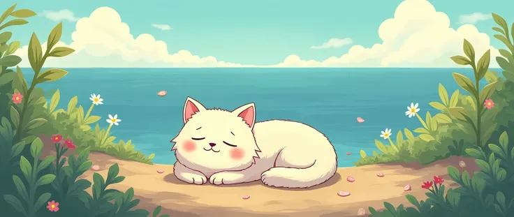 Cat, Cozy , Anime ,Lofi ,Ultrawide ,Ghibli vibes , Wide view ,Sea