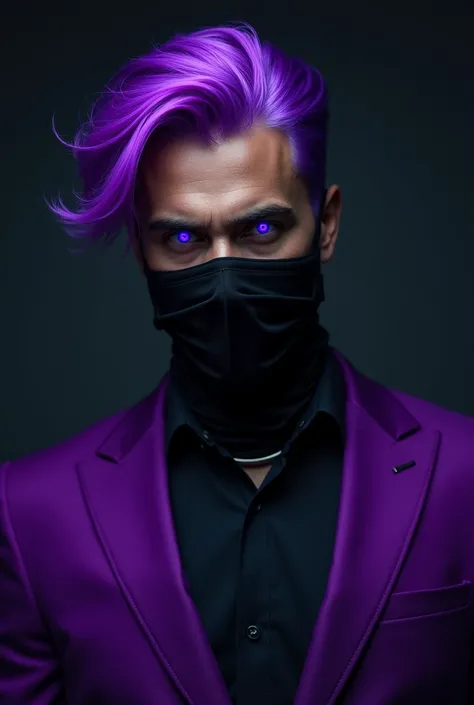 A man with a purple suit, purple hair forward, bright purple eyes with a black criminal mask 