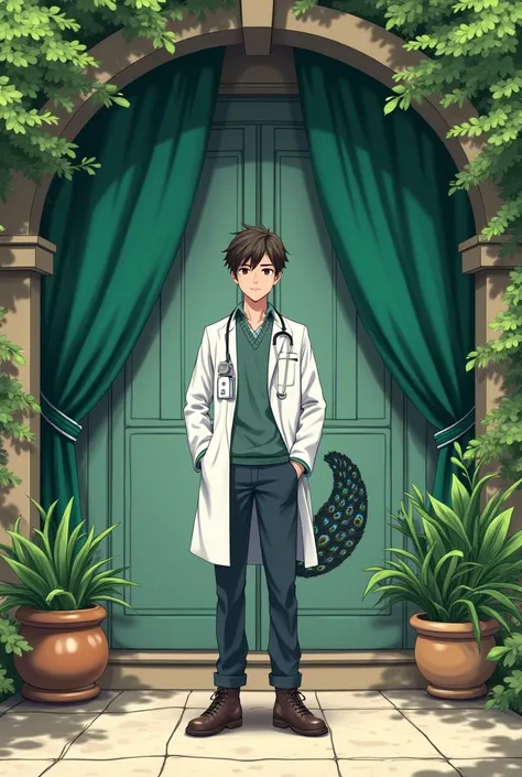 A young doctor whos. Tail is like peacock 
Standing in front of his clinic , clinic have curtain of green colour 