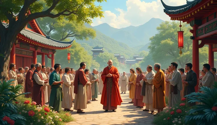 *Image**: A grand gathering with villagers and the merchant in attendance, the monk standing proudly, and the flourishing garden as the centerpiece of the event.