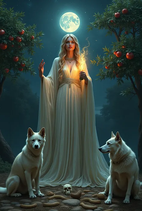 Goddess Hekate in a night landscape, with two dogs sitting, One on Each Side, a triluna in the sky, pomegranate trees in the background, holding a torch in one hand and a key in the other. Skulls and snakes at your feet.