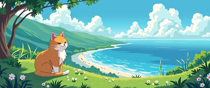 Cat, Cozy , Anime ,Lofi ,Ultrawide , Ghibli vibes , Wide view ,Sea ,landscape