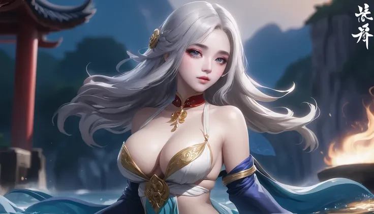 High target quality,HD,16K,Sharp Line,1 girl,fantasy, （Fire Spirit）,Pretty Face, Large Breasts, Beautiful legs,In the water,Focus Girl,detailed Pretty Face,Detailed clothes,beautiful eyes,Cool,Sexy,Dynamic Angle,穿着华服的神明Strike a pose拍照, Ancient mysterious s...