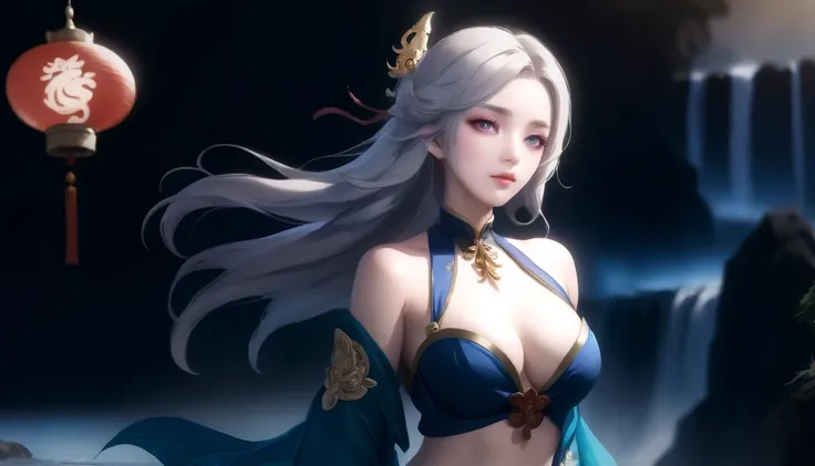 High target quality,HD,16K,Sharp Line,1 girl,fantasy, （Fire Spirit）,Pretty Face, Large Breasts, Beautiful legs,In the water,Focus Girl,detailed Pretty Face,Detailed clothes,beautiful eyes,Cool,Sexy,Dynamic Angle,穿着华服的神明Strike a pose拍照, Ancient mysterious s...