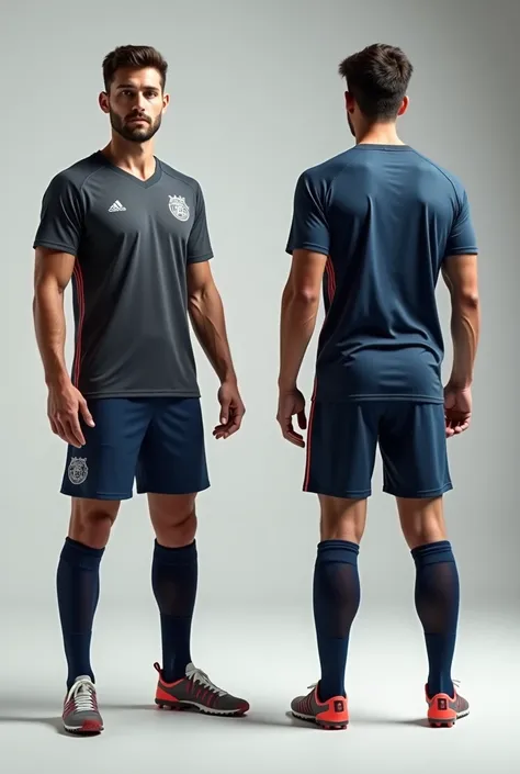 A man standing in a v-neck t-shirt and shorts, facing the camera with his hands by his side. In front and back view. The mockup includes a soccer jersey, shorts, and socks, providing a complete soccer kit presentation