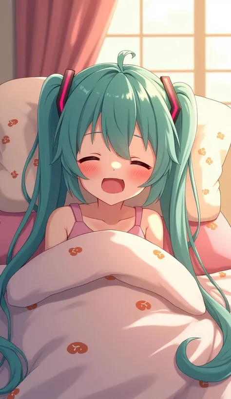 	Miku waking up in bed with her hair all messy, yawning widely with one eye barely open.
	•	Scene: Morning sunlight peeks through the curtains, and Miku’s bed is covered with cute, anime-style pillows and blankets.