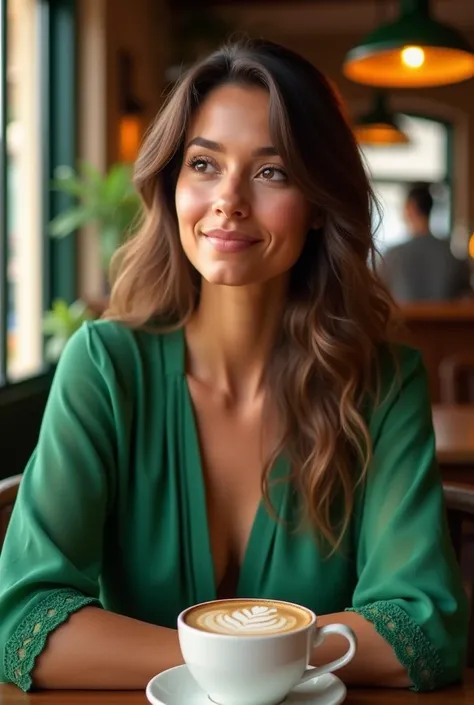 Brazilian woman with light brown hair and brown eyes in a coffee shop wearing a green blouse