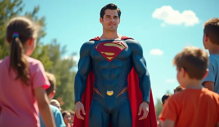 Zac Efron as Superman an standing and smiling to childerns