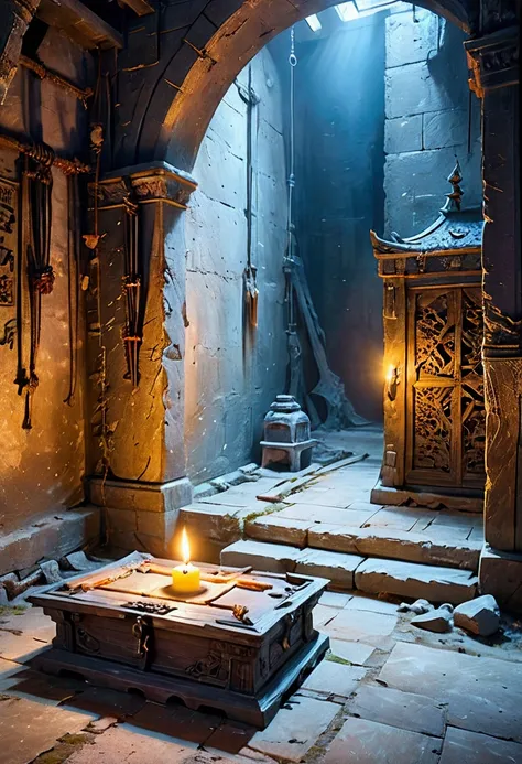 Landscape Photography、Torture chamber,A sealed stone room with no windows、Very dark、Candlelight、Needle Coffin