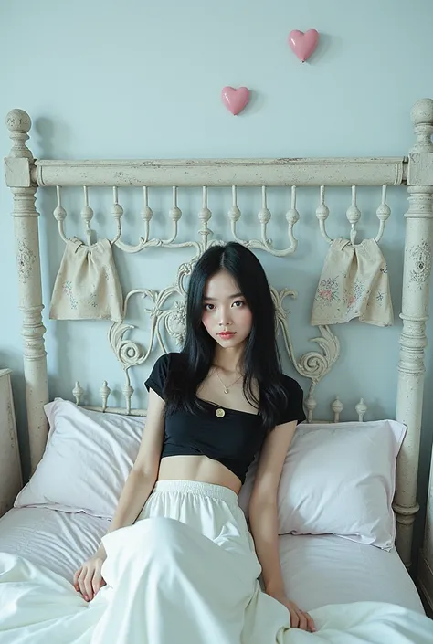 photorealistic image of a woman, ultrarealistic, photography, straight black hair, indonesian woman, small breasts, double eyelids, small boy messy bedroom, inside boyfriend bedroom, black top and flair skirt, mid part hair, sexy body