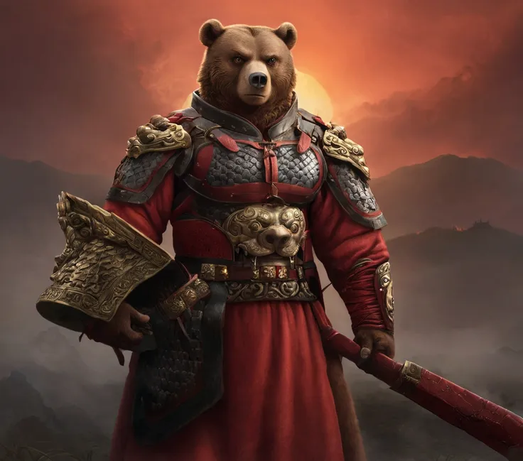 an angry brown bear,((bodybuilder body)), sharp eyes, wearing chinese battle clothes from the qing dynasty era, holding a roman ...