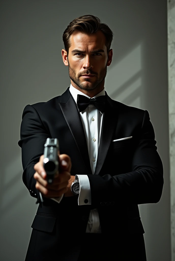 Liam Hemsworth as James Bond 007 wearing black tuxedo posting with gun