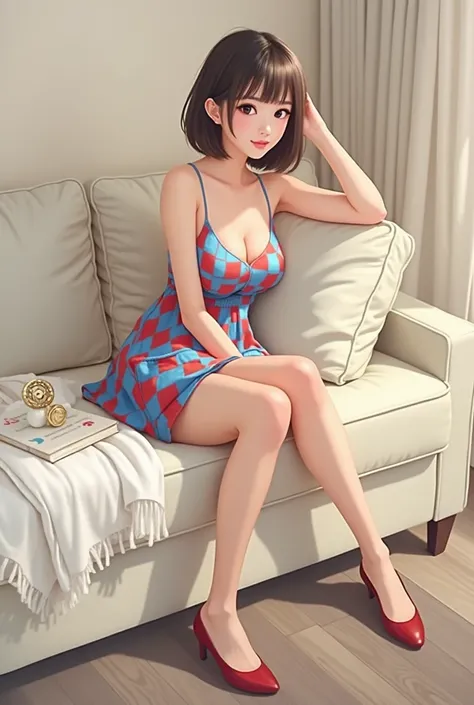 赤い靴を履いたアZia系の女性がソファに座っている, cute checkerboard sundress, Wearing a dress, Lovely lady, Good young girl, Blue and Red, Low Cut Dress, Zia, red orange blue beige, Profile photo, CGCOSIETY, anime, photo of slim girl, hot , Wearing a dress, photo of slim girl mo...