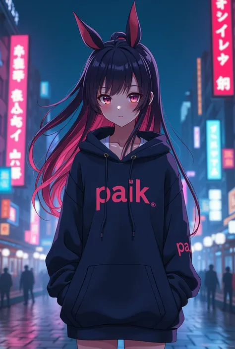 Create anime character;
{background: capital HD text: “GLBK” in right-top, night}, tanned skin,
realistic, HDR, beautiful, japan style, full body, age 20, hoodie HD text: “Paik”, female, color Gradient hair, long hair