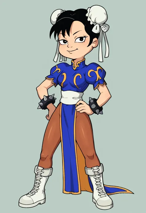 akiko, 1girl, chun-li, solo, pantyhose, bun cover, double bun, spiked bracelet, hair bun, china dress, pelvic curtain, chinese clothes, bracelet, jewelry, spikes, dress, boots, black hair, puffy sleeves, puffy short sleeves, sash, white footwear, short sle...