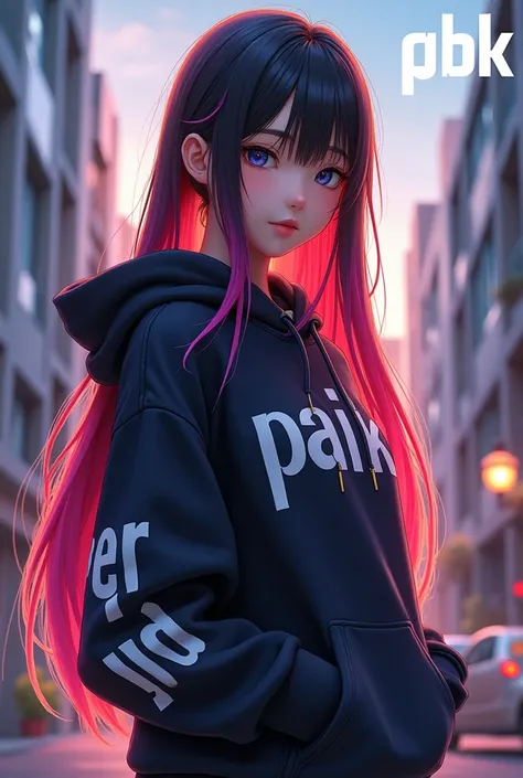 Create anime character;
{background: HD capital text: “GLBK” in right-top, night}, tanned skin,
realistic, HDR, beautiful, japan style, full body size, age 20, hoodie HD text: “Paik”, female, color Gradient hair, long hair