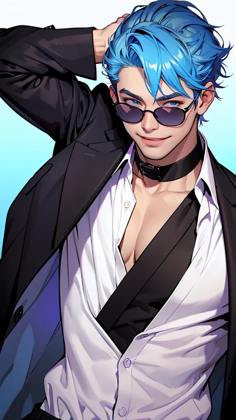 alone、I have candy、Black suit、He wore a white open shirt that showed his collarbone.、Smooth blue hair that reaches down to her back、Eyes showing through sunglasses、Handsome man holding candy and looking at camera while smiling、Hair up to the neck、Gradient ...