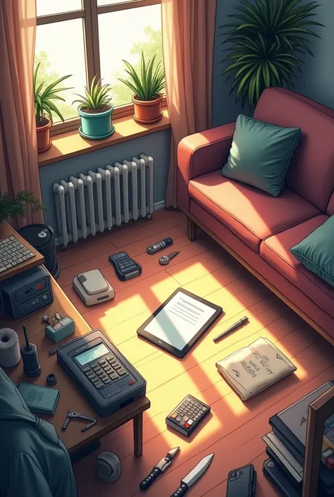 An image where a tablet is located, sofa, knife, calculator, Jacket and pliers in a room 