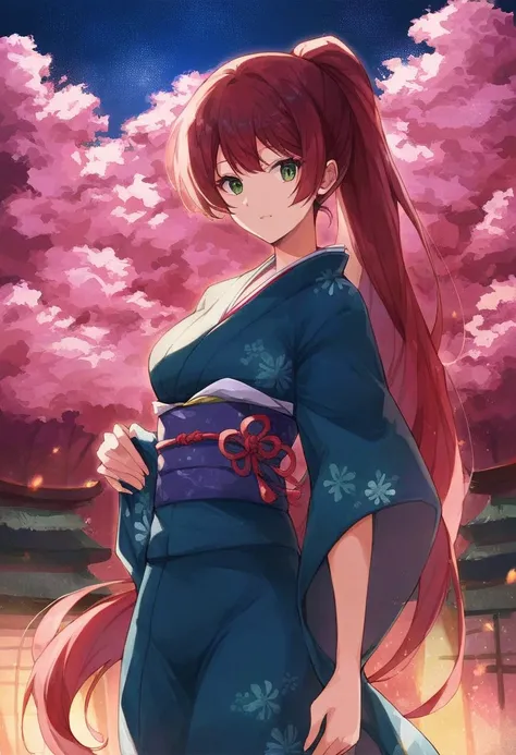 score_9, score_8_up, score_7_up, score_6_up, source_アニメ, rating_explicitn, One anime-style woman, Red hair, Long Ponytail, Green Eyes, Woman in kimono, Light blue yukata, Night Sky, Riverbank, firework, fireworkを見上げる