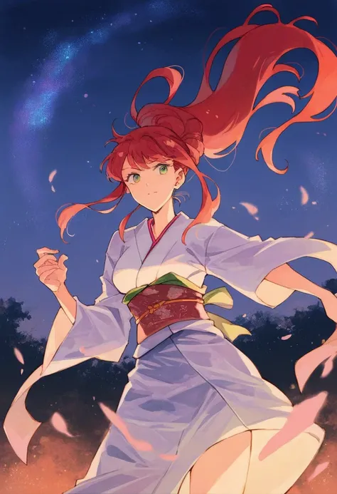 score_9, score_8_up, score_7_up, score_6_up, source_アニメ, rating_explicitn, One anime-style woman, Red hair, Long Ponytail, Green Eyes, Woman in kimono, Light blue yukata, Night Sky, Riverbank, firework, fireworkを見上げる