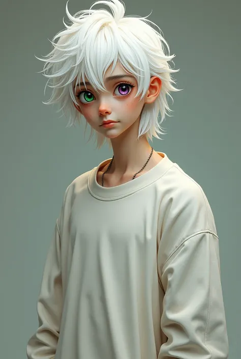 A man with a playful appearance, shoulder-length white hair, one eye of bright green color and the other of violet color, has approximately 1.20 tall and wears a loose white sweatshirt. For an RPG