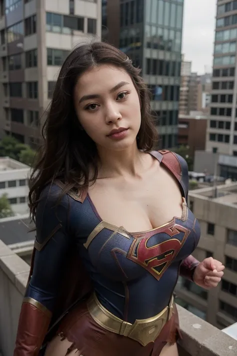 beautiful japonese woman, torn supergirl suit, can see one breast, she is supergirl, she is at top of a building