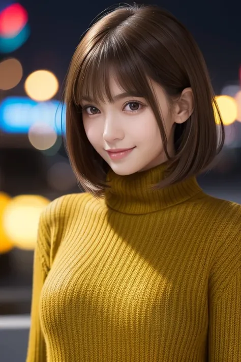 1 1 girl, (Dark yellow lightweight turtleneck sweater), RAW Photos, Highest quality, Realistic, Very delicate and beautiful, Very detailed, 8k wallpaper, High resolution, Soft Light, Very detailed目と顔, Beautiful and detailed nose, Fine and beautiful eyes, C...