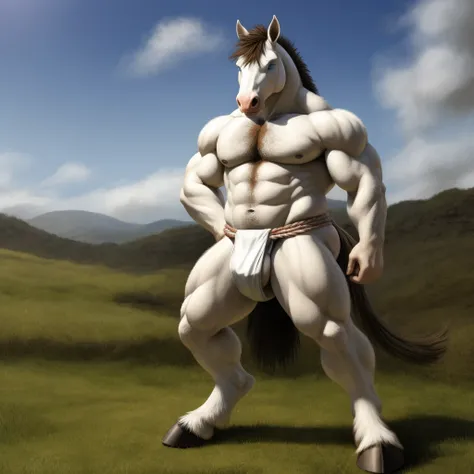 Furry, Kemono, Antro, Masculino, [Horse color White , white] , (No color Brown), [Pupil (Blue Eyes)], Hairy texture, Tail ponny,  (Pose de Pie), Hoove, percheron, snug, white underwear, (White Mokko), [Fundoshi Moko bulto Big], [Fundoshi White, (Fundoshi c...