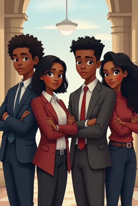 Two mature black boys and two mature black girls in a university background. The two boys are properly dressed. The two girls are properly dressed and crossing their arms.