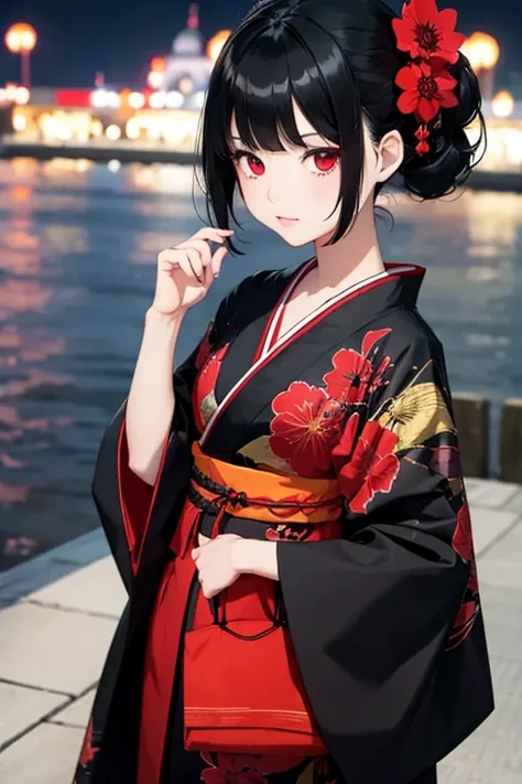 Girl doll, jointed ball, black hair, red eyes, black kimono, night, riverside