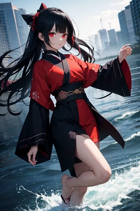 Girl doll, ball jointed, black hair, long hair, red eyes, black kimono, expressionless, dark night, Sanzu River, fog, temari