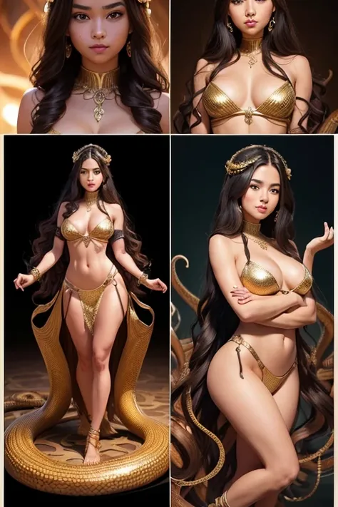 
A young 15- yr Medusas girl with European face features, charming face, perfect fullbody details, having large many snake pet, with a snake skin, body and hairs, (wavy hairstyles brown king cobra colors), ( having a dark skin tone texture masterpiece ), (...