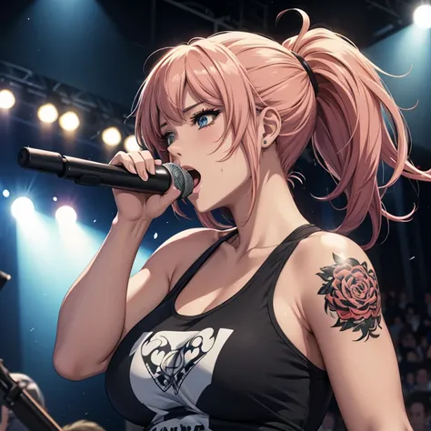 Illustration, Anime Style, Female vocalist of a rock band singing on stage, Side shot, Tank top, Tattoo on arm, The lighting is beautiful., Sweat splashes,
