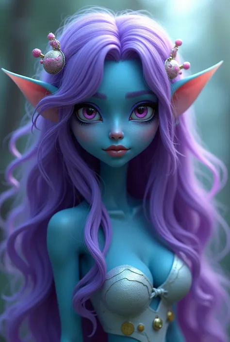 create a playfully feminine emotion, with long purple hair and cyan blue skin, the jealous appearance 