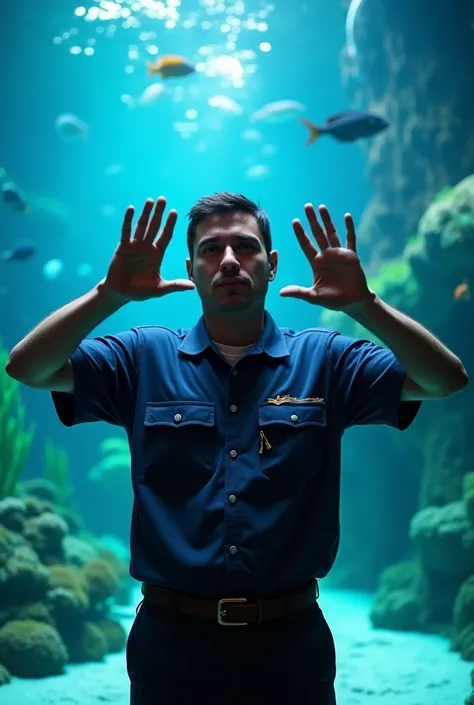 Aquarium background　An aquarium staff member makes a X sign with his hands in front of the aquarium.