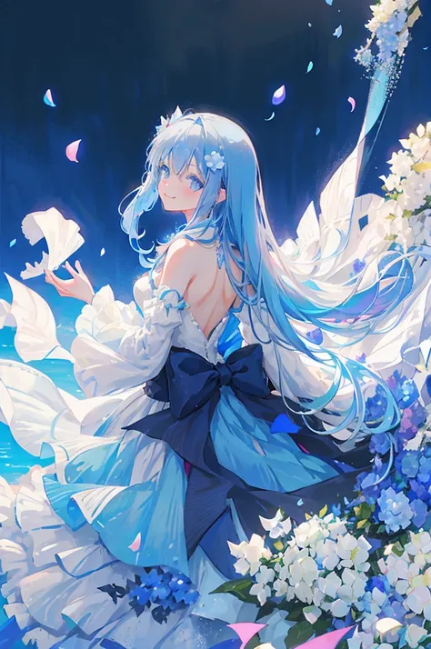 The back of a young girl with long blue hair, blue eyes, wearing a royal dress with flowers attached, smiling face, surrounded by hydrangea petals flying in the wind, magical and shimmering colors, magical and sparkling effects, panoramic view from afar