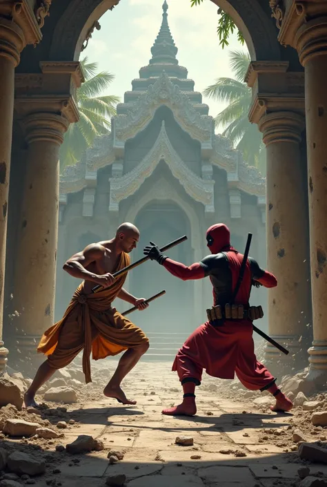 Deadpool fight with Thai monk in broken Thai temple. There is war feeling