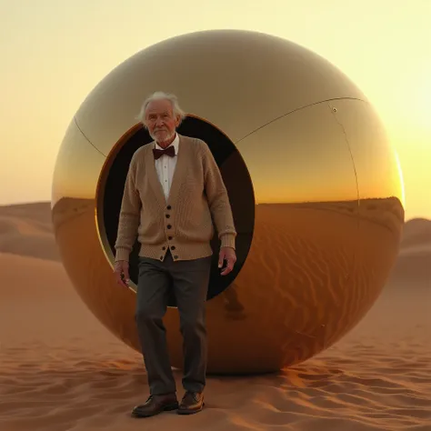 old man, cardigan sweater, bow tie, dark pants, brown shoes, stepping out of a huge mirrored sphere resting on the desert floor at sunset, photo realistic