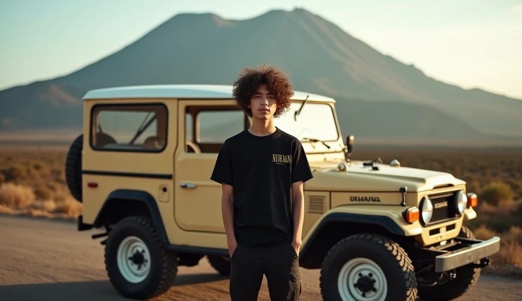 Stunning professional photo of a Korean young man curly hair, standing next to a classic beige Jeep parked in front of Mount Bromo. Wearing black tshirt NIRVANA he posed near a Jeep equipped with radial tires, brightly colored windows and black accents, ex...