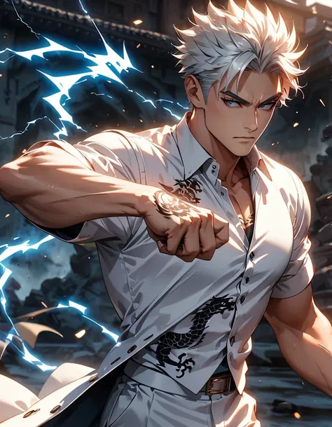 Strong handsome Asian man, lean but muscular male fighter, Gojo Satoru looks, Satoru Gojo, Gojo, ((wearing white tuxedo with dragon drawing on its backside)), ((dragon tattooed, dragon tattoo on body and arms, white haired handsome man:1.2)), Dramatic ligh...