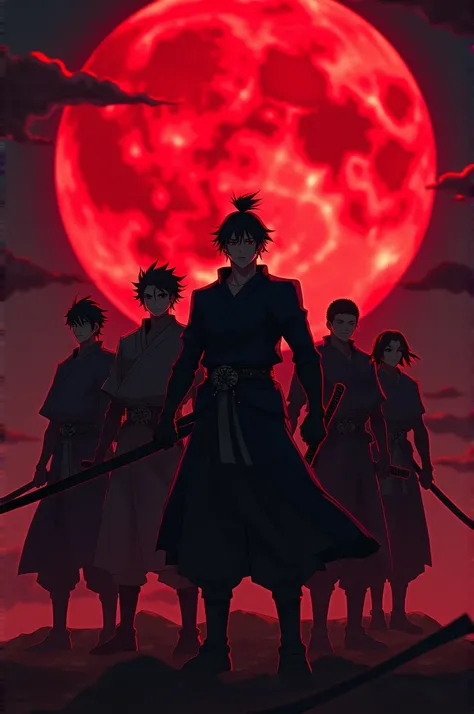 Kimetsu no yaiba hashiras holding their wepon and standing in red moon