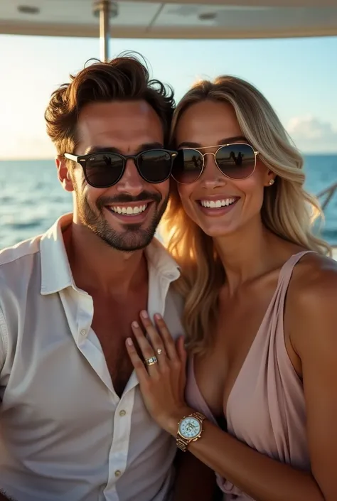 (Photorealism:1.1) a couple man dark brown hair and brown eyes together with a woman blonde green eyes long hair  in dentro de um yatch usando óculos Rayban e um IWC portuguese e os dois usando aliança de casamento e elacom solitário de diamante 8k ultra r...