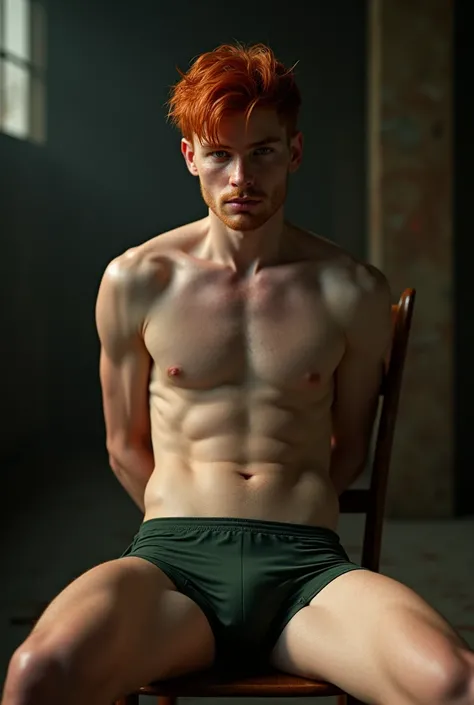 Young redhead man, 20 years old, hot, twink, wet hair, freckles on his face, wearing only a dark green boxer briefs, sitting on a wooden chair, arms tied behind his back, legs open, gagged, in a dimly lit warehouse, cinematic lighting, cinematic angle, bes...