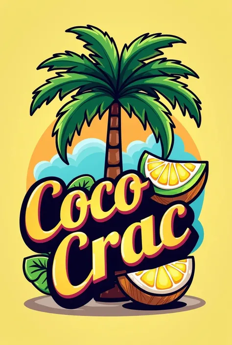 Create a striking logo with bright colors that has a palm tree, a coconut and that stands out more and a little lemon AND WRITE TEXTUALLY COCO CRAC