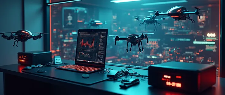 create a background image for a cybersecurity company focusing on pentest hacking red team operaitons, computer with antennas, drones, pendrives, 
