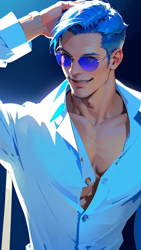 blue hair, blue suit man、(((wearing a white open shirt、smooth hair that reaches down to your back、eyes showing through sunglasse...