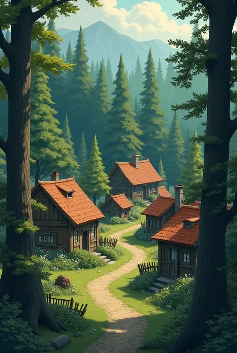 Un petit village paisible entouré par une grande forêt dense. Les maisons sont simples, et la forêt semble lointaine, avec des arbres imposants en arrière-plan.