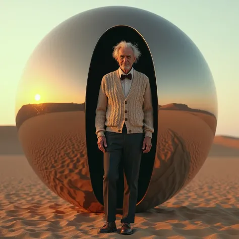 old man, cardigan sweater, bow tie, dark pants, brown shoes, stepping out of a building sized mirrored sphere resting on the desert floor at sunset, photo realistic