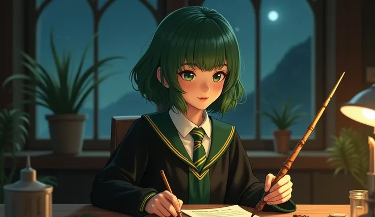 Girl - Hogwarts Hufflepuff student sitting at a table and practicing spells with her magic wand. waving her magic wand. The girl is dressed in a black school robe and striped tie. Her emerald green hair is styled into a chic layered bob. dark Hogwarts even...