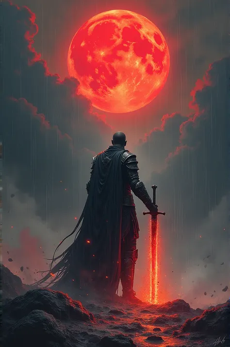 Holding fire sword and standing in rain with red moon